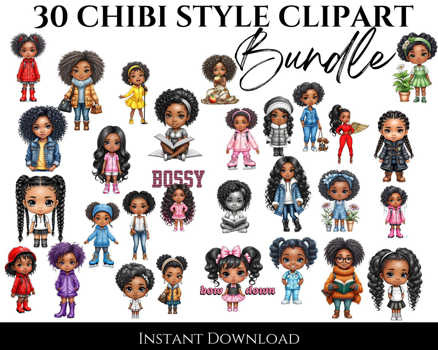 30 Chibi Style Clip Art PNG | Digital Download, Cute Graphic Art for Design & Crafts