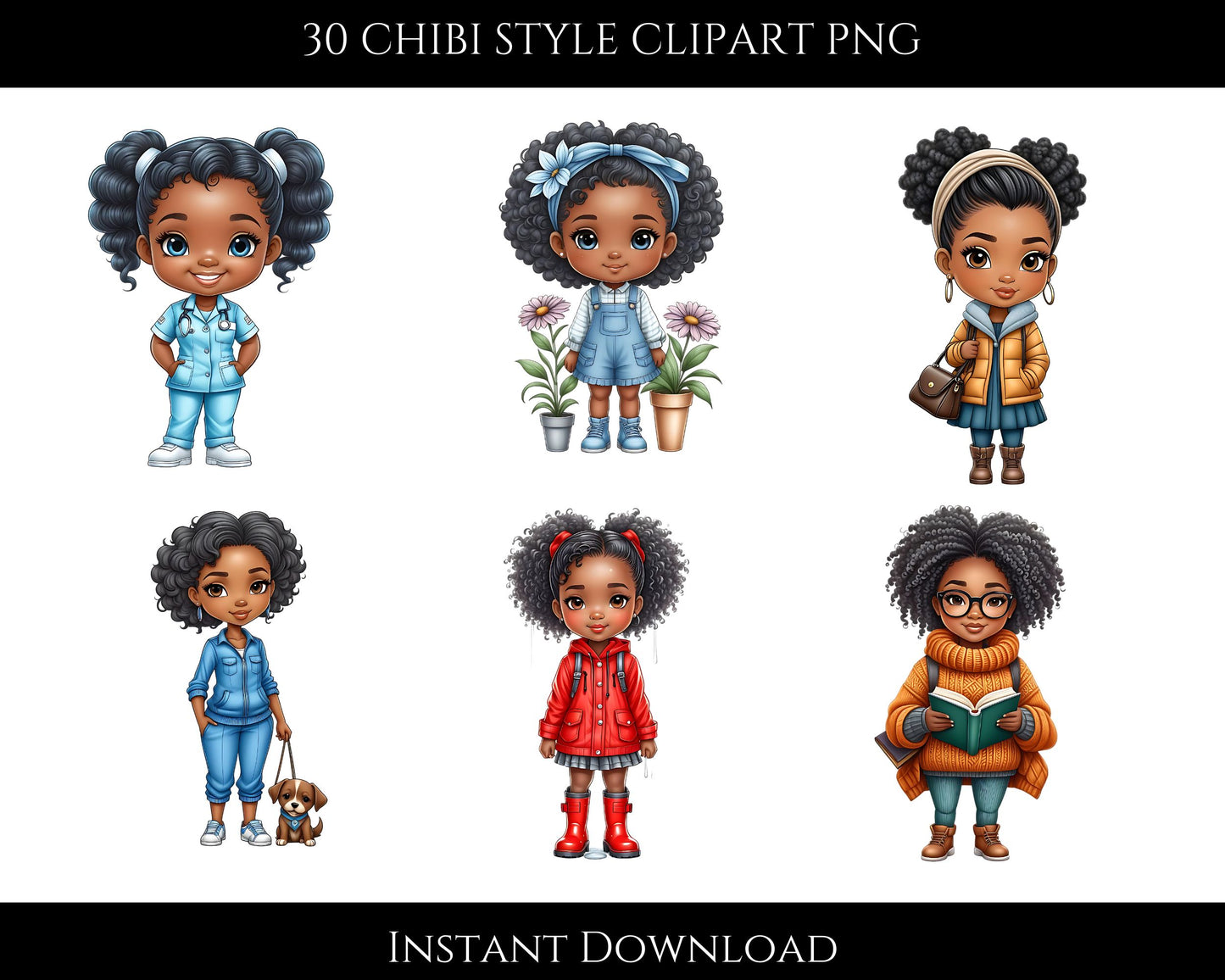 30 Chibi Style Clip Art PNG | Digital Download, Cute Graphic Art for Design & Crafts