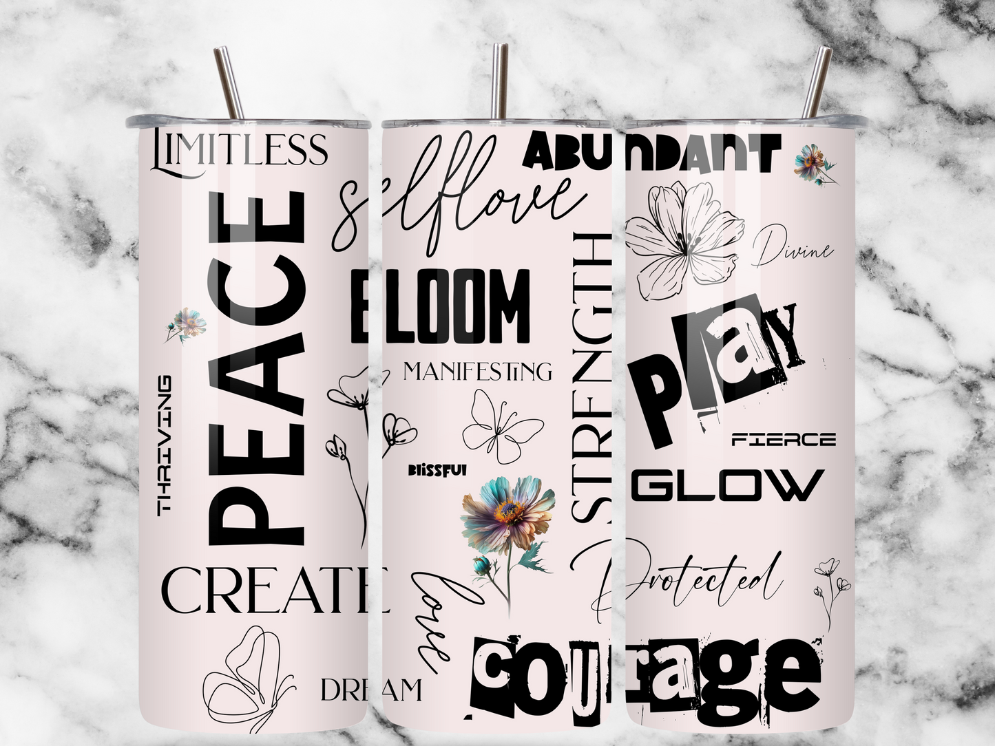 POSITIVE AFFIRMATIONS Tumbler PNG | 20 oz Skinny Sublimation Design | Inspirational Words | Self-Love, Peace, Courage | Digital Download