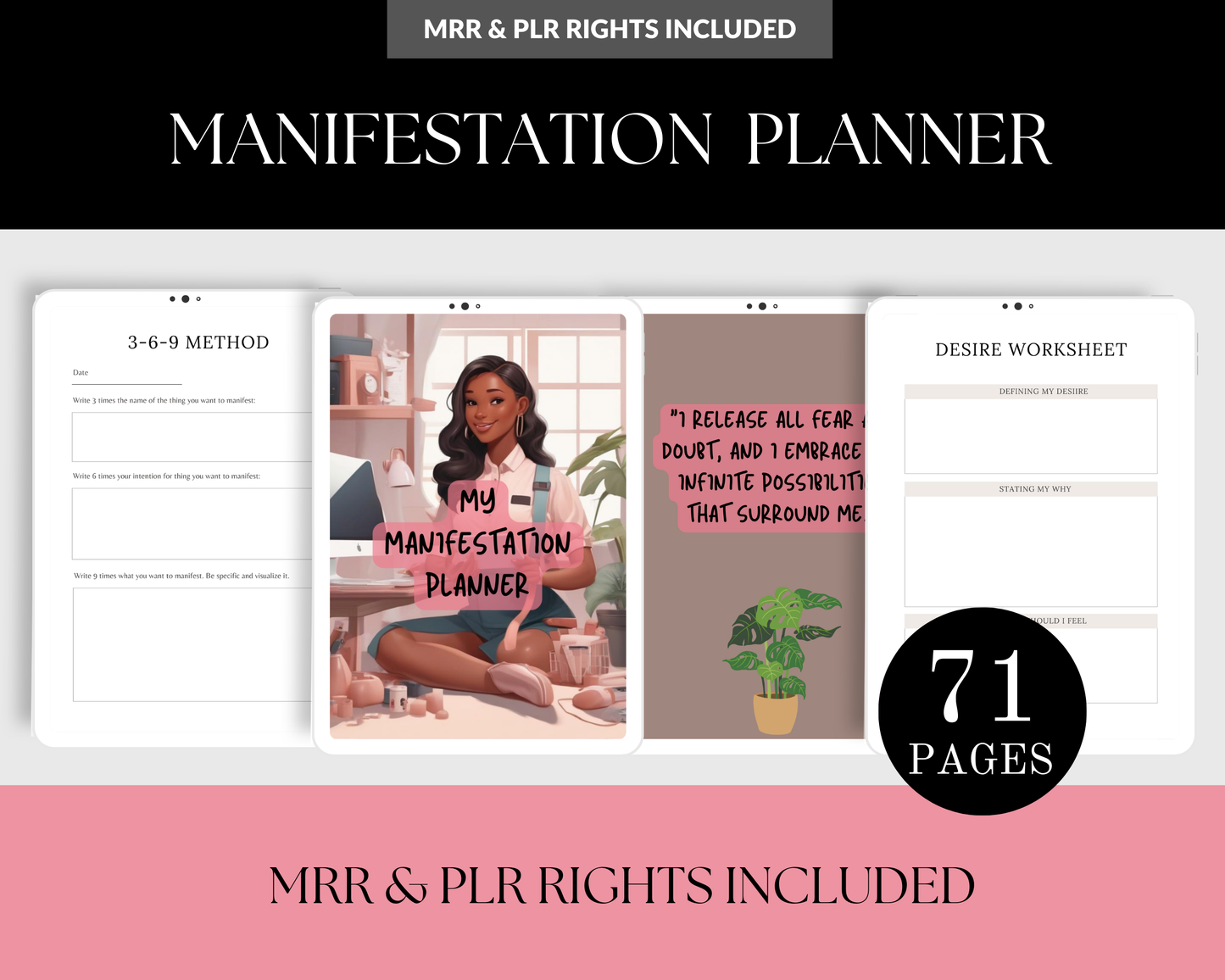 Manifestation Planner 71 Pages – Goal Setting, Self-Discovery, Law of Attraction with Master Resell Rights