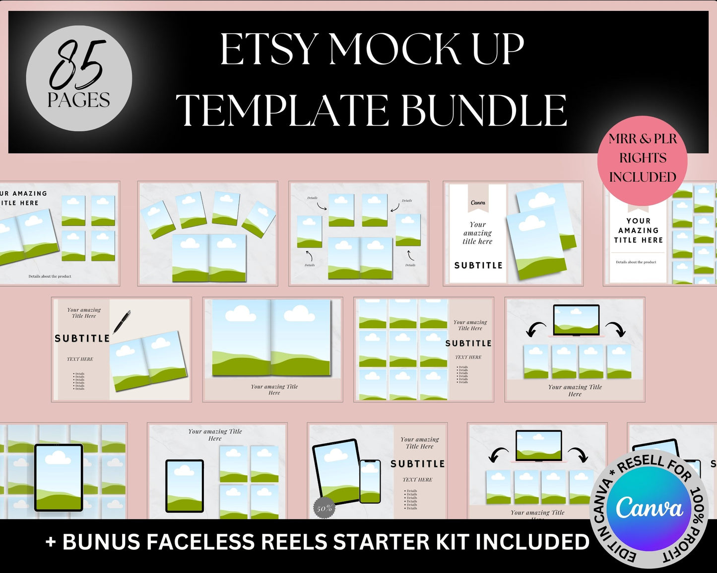 MRR 85 Etsy /Canva Mockup Template Bundle, + Faceless Reels Starter Kit Mockup Digital Product Sales Templates with Master Resell Rights, DFY Digital Products Templates,