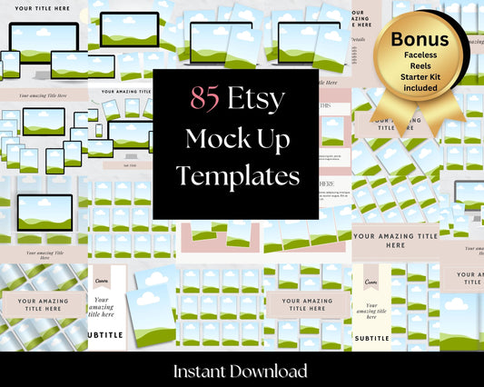 MRR 85 Etsy /Canva Mockup Template Bundle, + Faceless Reels Starter Kit Mockup Digital Product Sales Templates with Master Resell Rights, DFY Digital Products Templates,